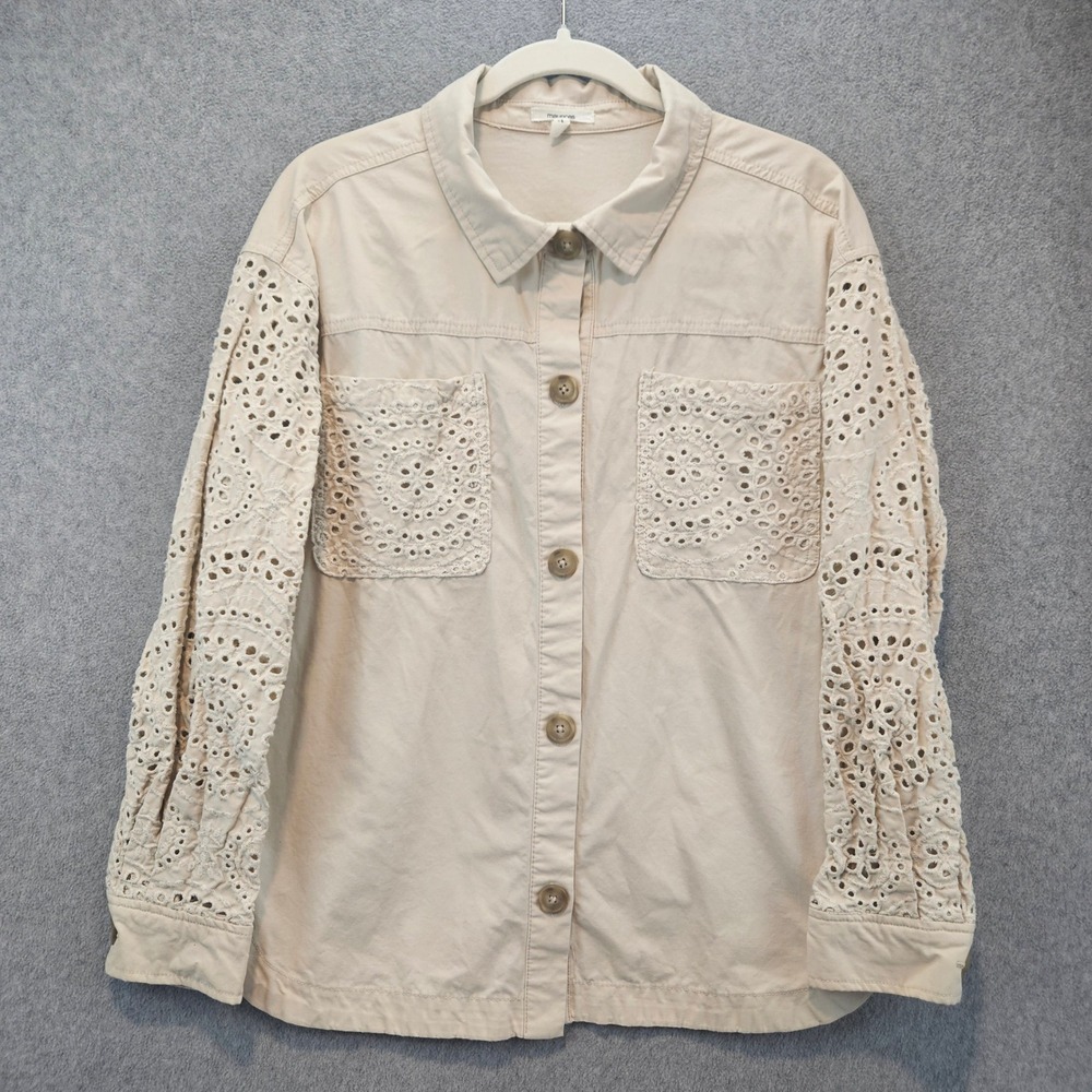 MAURICES Shacket Women M Beige Eyelet Sleeve Cotton Button Up Casual Utility
